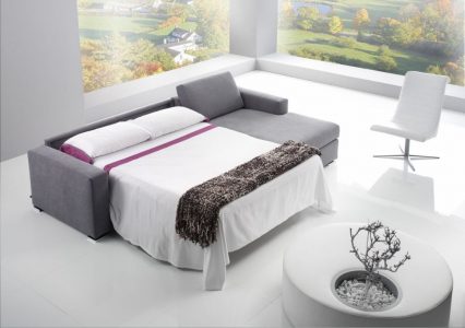 Divano moderno angolare con relax con sedute scorrevoli divano letto lineare pelle e tessuto, modello Split | Gobbo Salotti