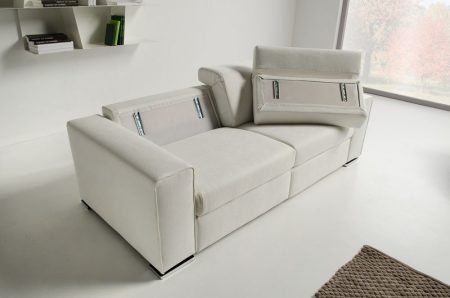 Divano moderno angolare con poggiatesta reclinabile con relax con sedute scorrevoli divano letto lineare pelle e tessuto, modello Andrea | Gobbo Salotti