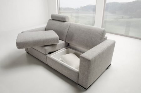 Divano moderno angolare con relax con sedute scorrevoli divano letto lineare pelle e tessuto, modello Split | Gobbo Salotti