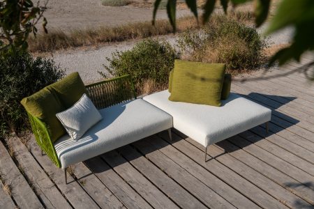 Divano design divano da esterno angolare lineare a moduli componibili con penisola pelle e tessuto, modello Veranda | Gobbo Salotti